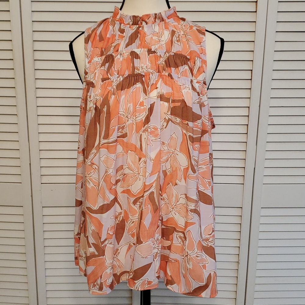 Nine West Sleeveless Coral and Brown Tropical Print Top, Size Large